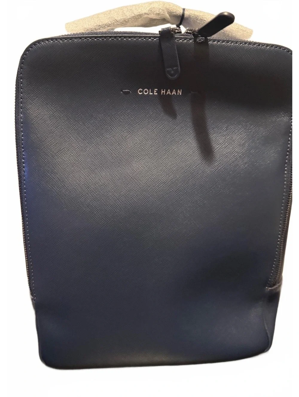 Cole Haan Navy Blue Leather Backpack with Padded Straps and Laptop Compartment